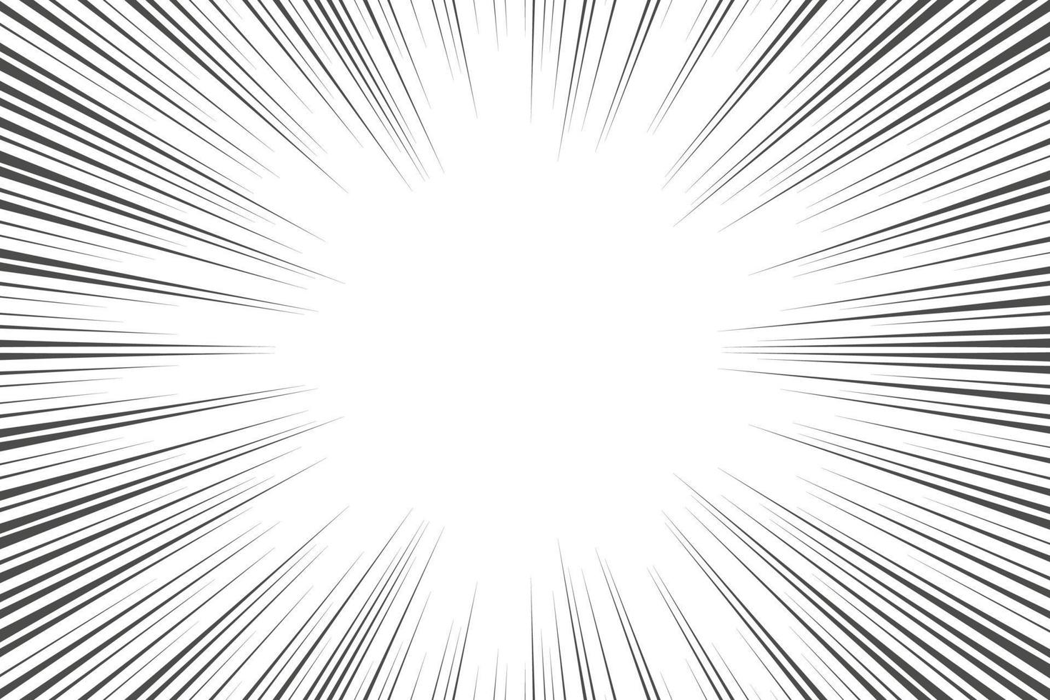 Speed lines in frame for manga comics book. Radial motion background. Monochrome explosion and flash glow. Vector