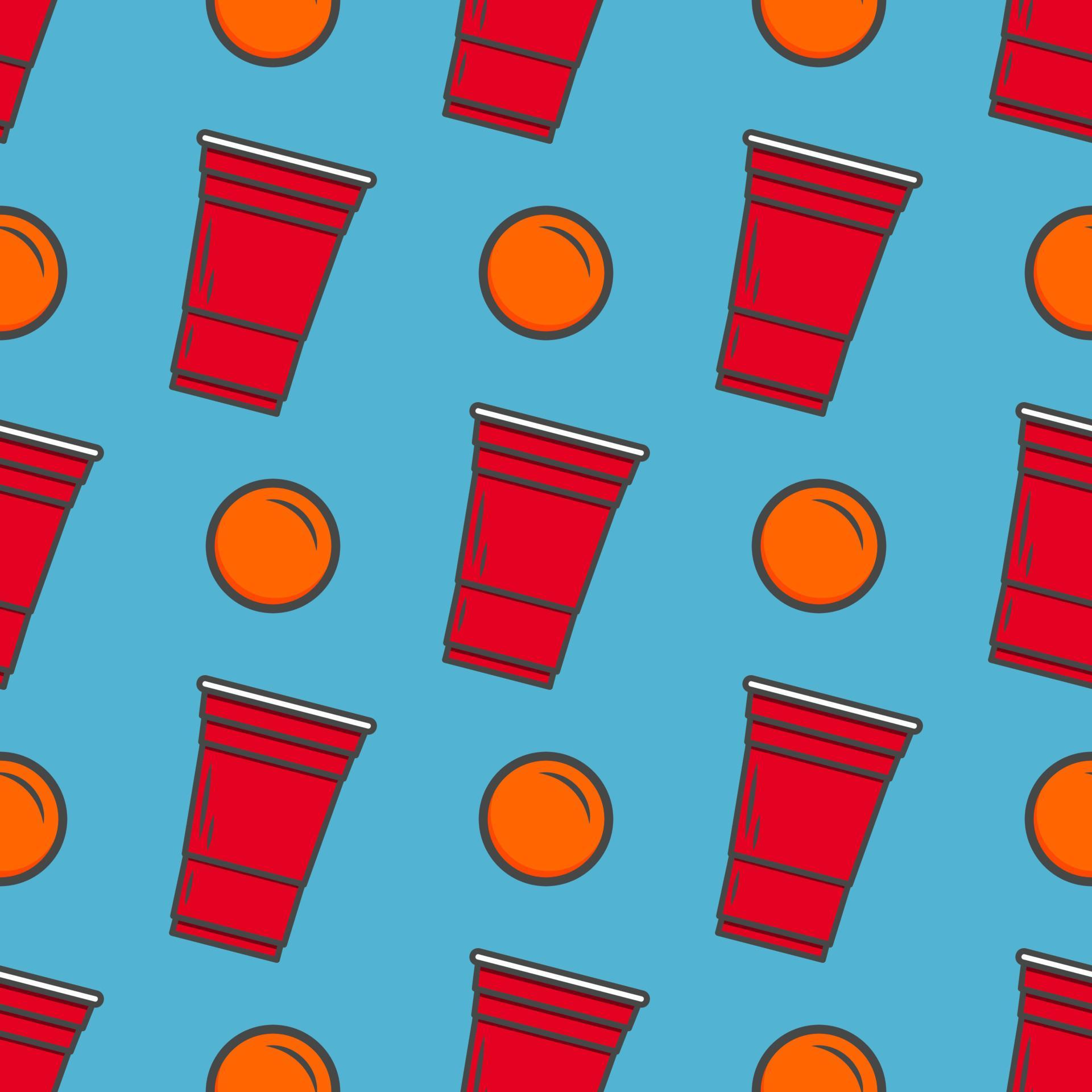Beer pong seamless pattern. Red plastic cups on blue background. Famous