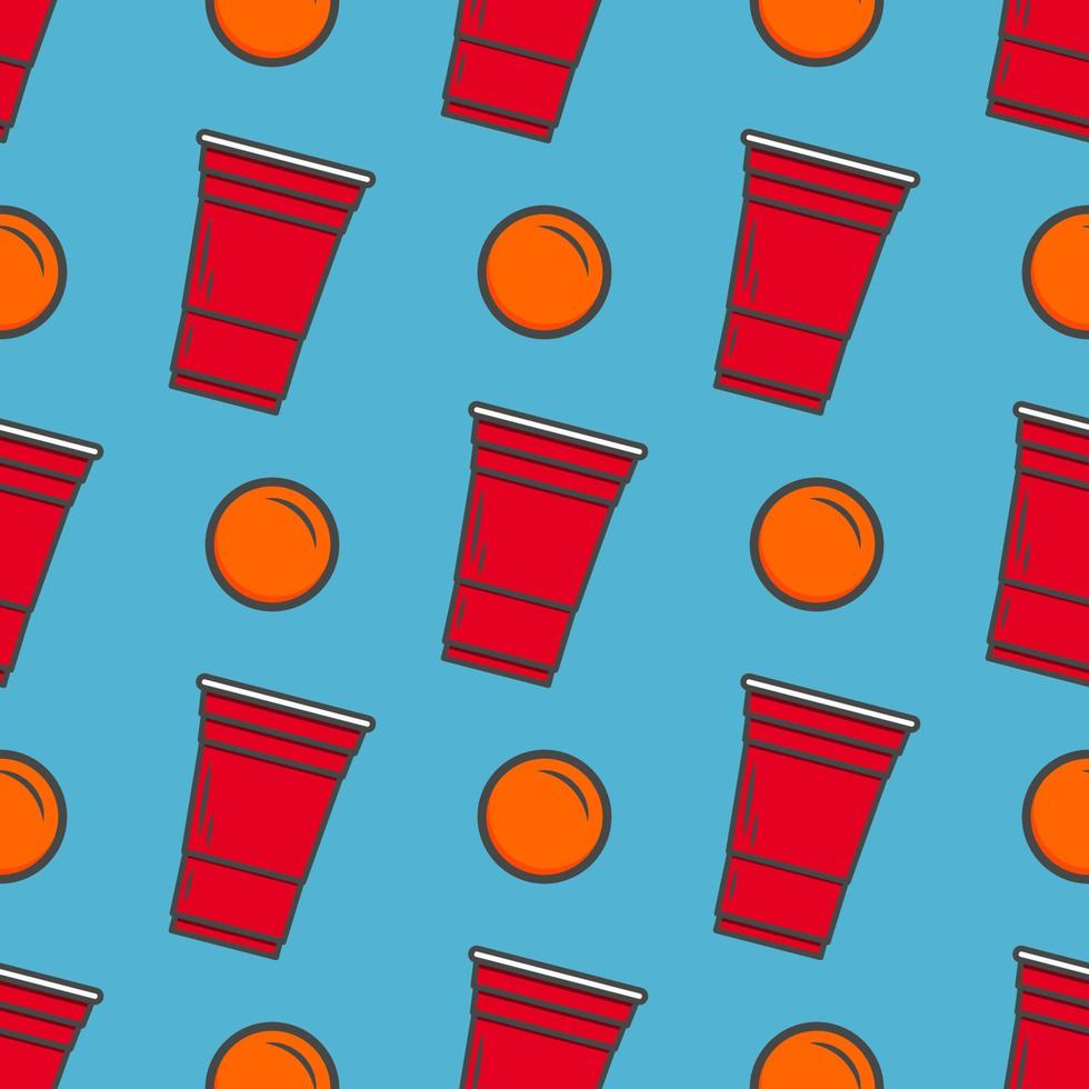 Beer pong seamless pattern. Red plastic cups on blue background. Famous american party drinking game. Vector background
