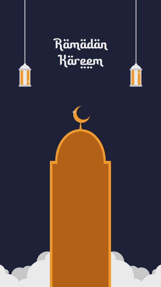 ramadan kareem vertical template greeting card on dark blue background with islamic lanterns and mosque dome shape with crescent moon vector