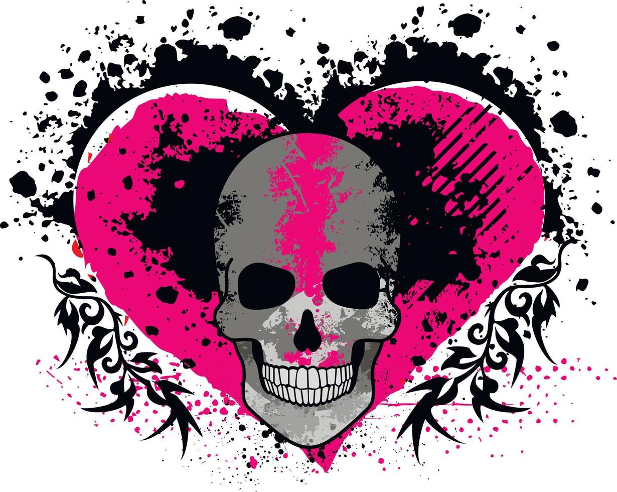 cráneo de san valentín con corazón, camisetas de diseño vintage grunge vector