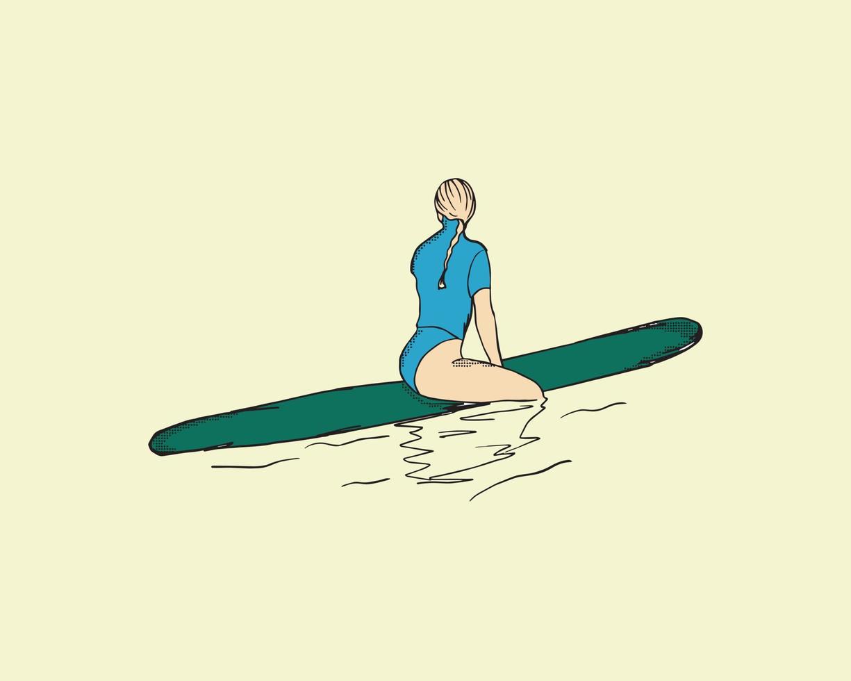 vintage mano dibujo ilustración vector mujer flotante tabla de surf