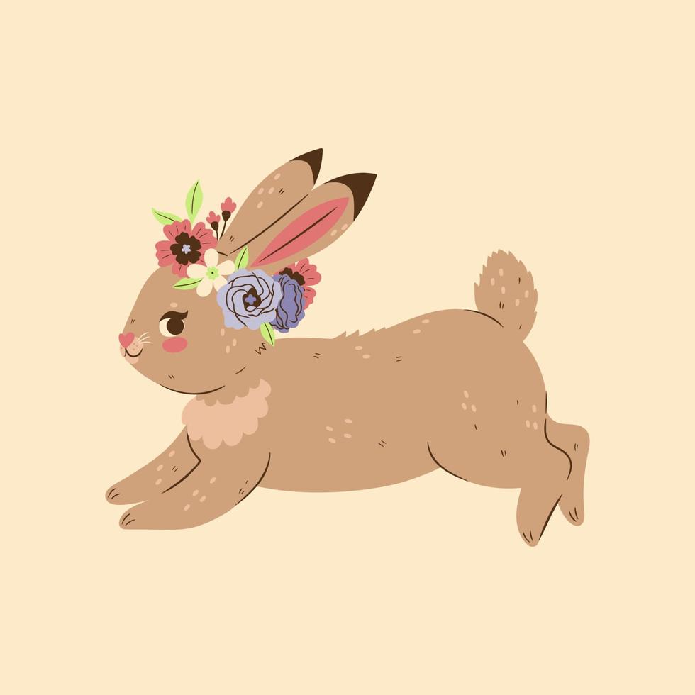 Cute easter bunny in a flower wreath. Vector graphics.