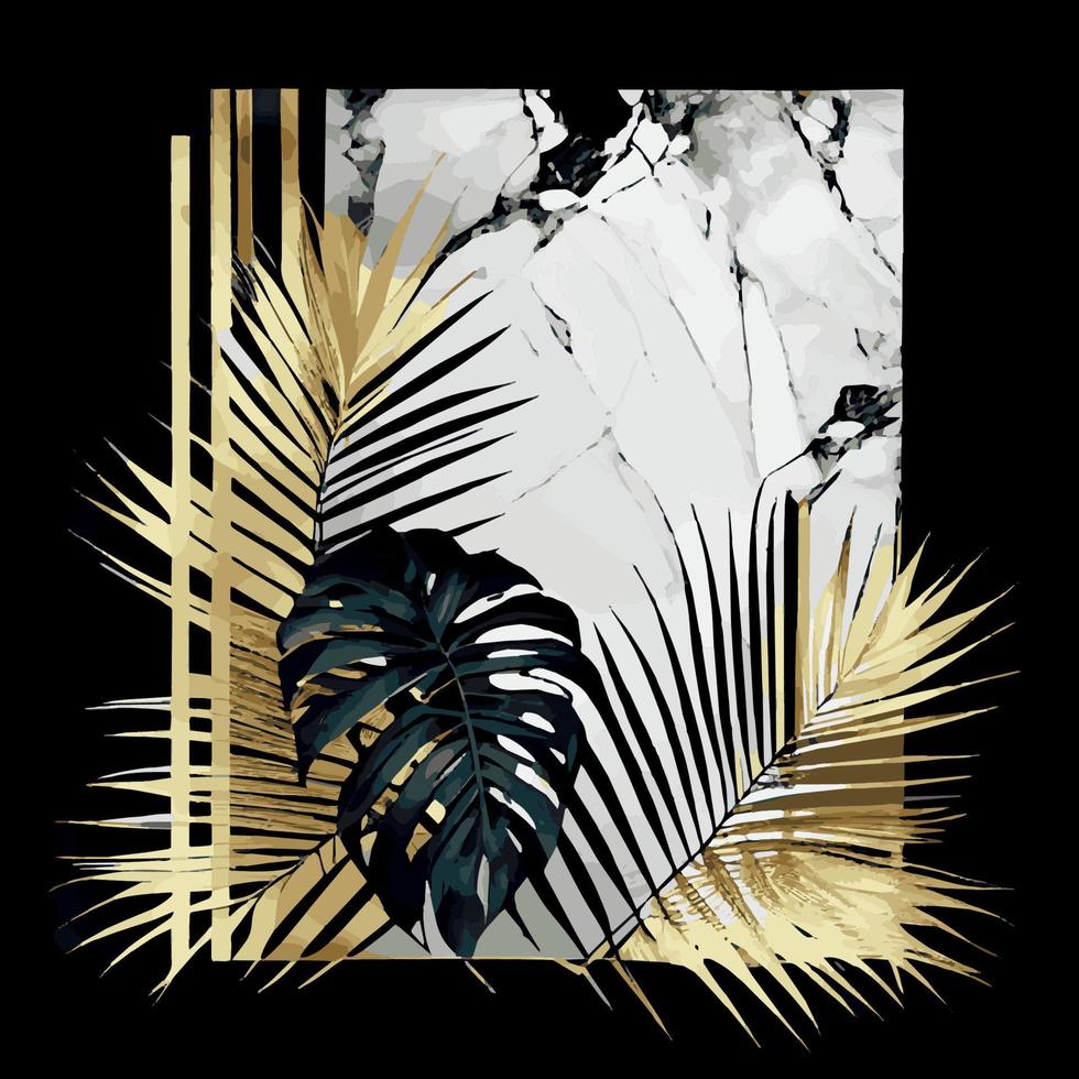 hojas de palma doradas sobre fondo de mármol blanco y negro, plantilla, postal - vector