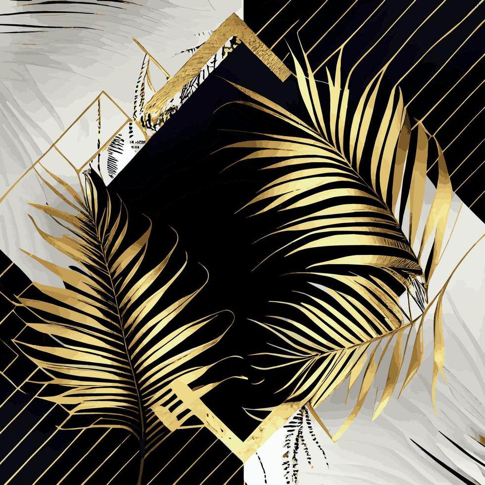 Golden palm leaves on white and black marble background, template, postcard - Vector