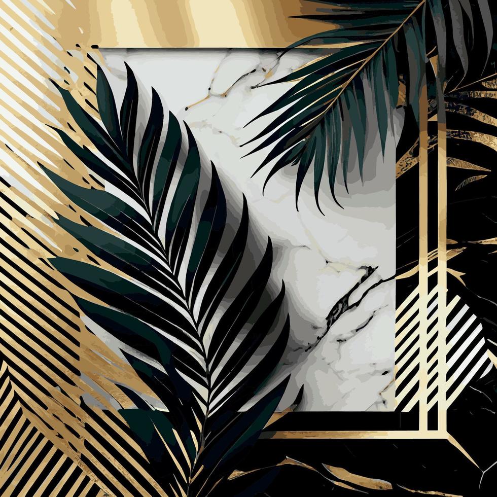 Golden palm leaves on white and black marble background, template, postcard - Vector