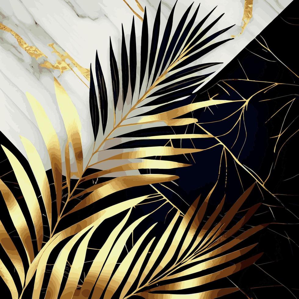 Golden palm leaves on white and black marble background, template, postcard - Vector