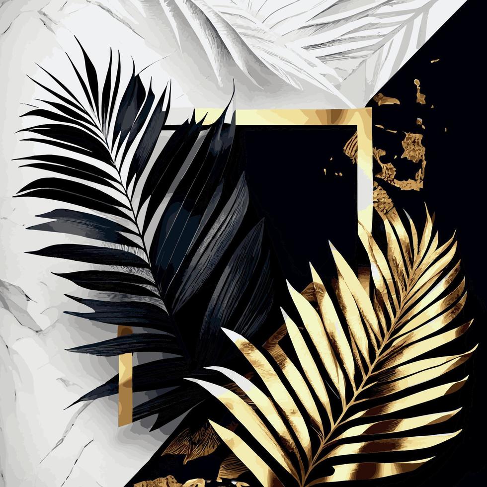 Golden palm leaves on white and black marble background, template, postcard - Vector