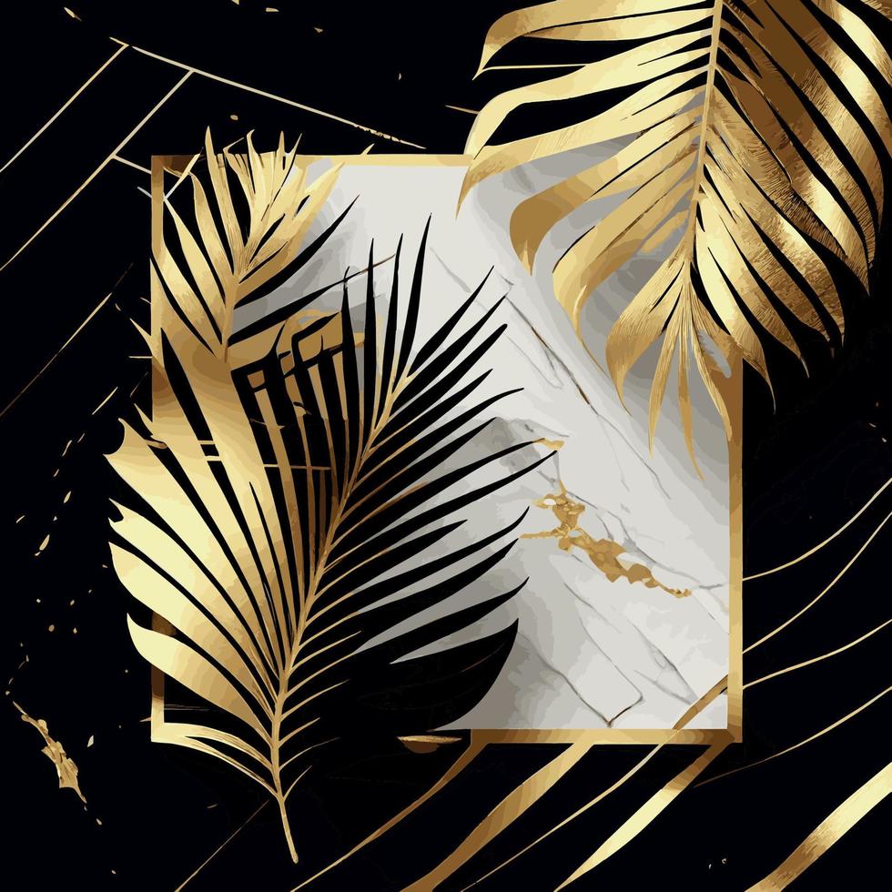 Golden palm leaves on white and black marble background, template, postcard - Vector