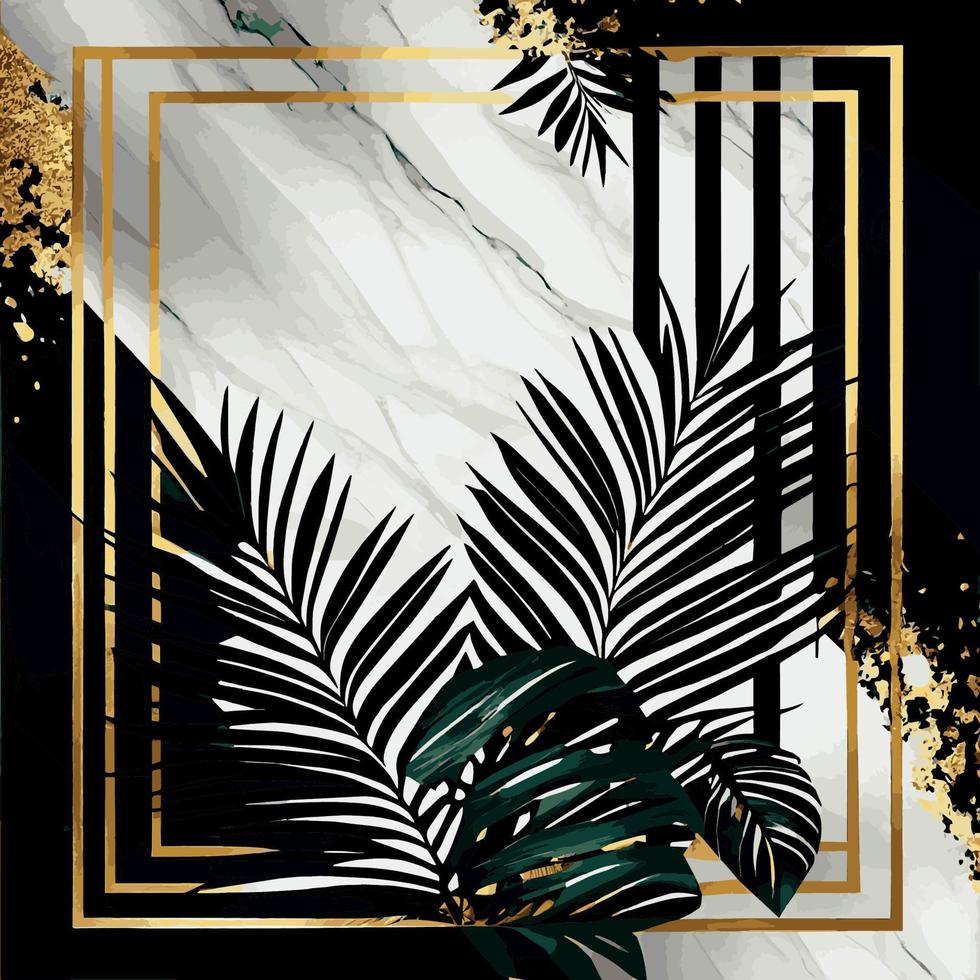Golden palm leaves on white and black marble background, template, postcard - Vector