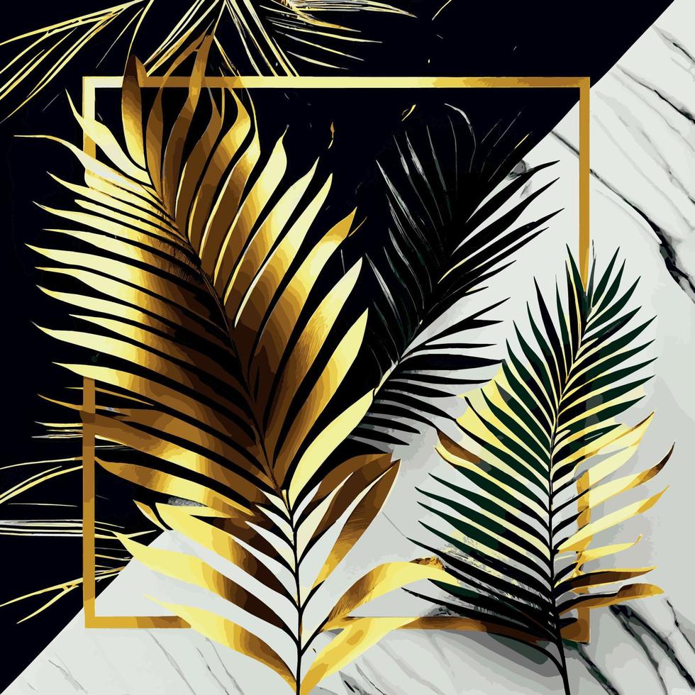 Golden palm leaves on white and black marble background, template, postcard - Vector