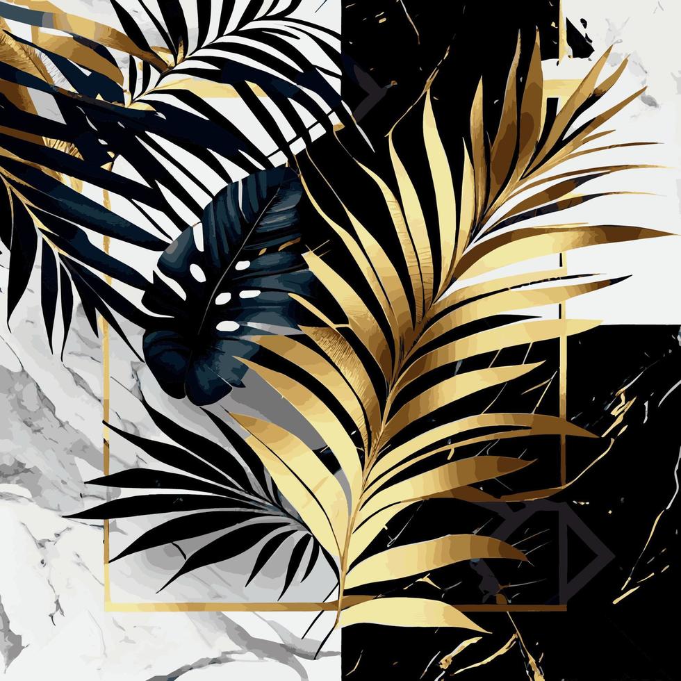 Golden palm leaves on white and black marble background, template, postcard - Vector