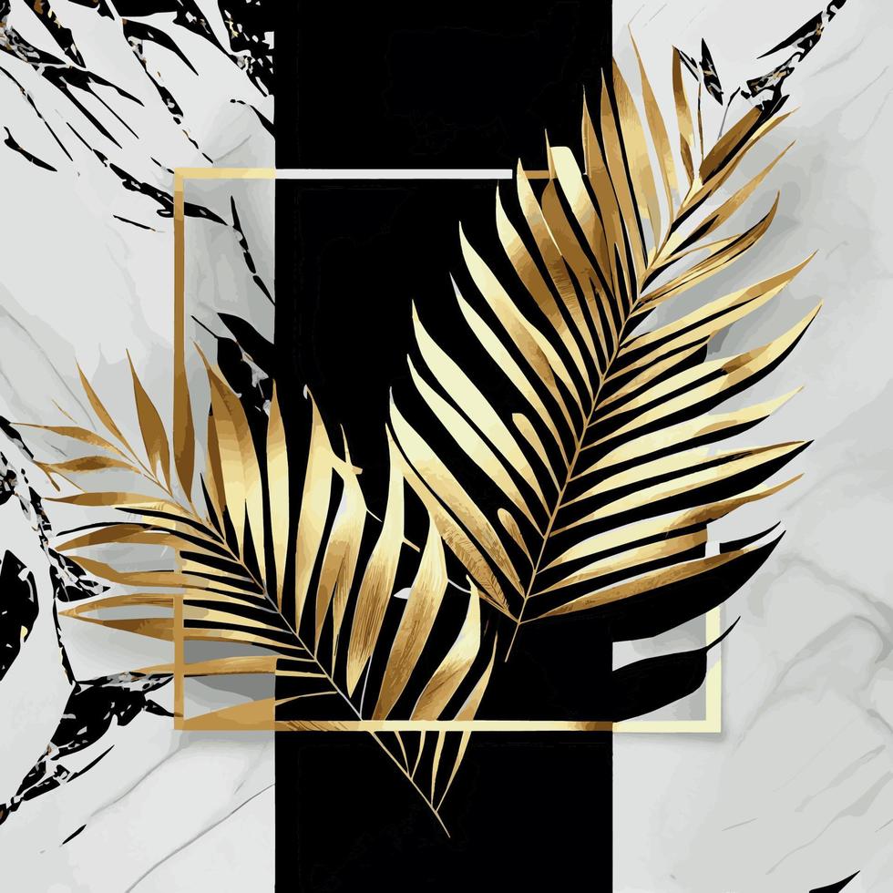 Golden palm leaves on white and black marble background, template, postcard - Vector