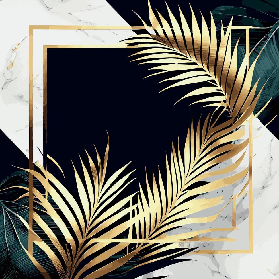 Golden palm leaves on white and black marble background, template, postcard - Vector