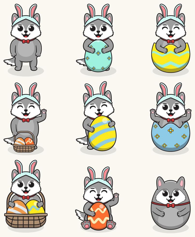 Wolf Happy Easter. Cute Wolf on the Easter theme in cartoon. Vector illustration. Isolated on white background. Easter holiday vector set.