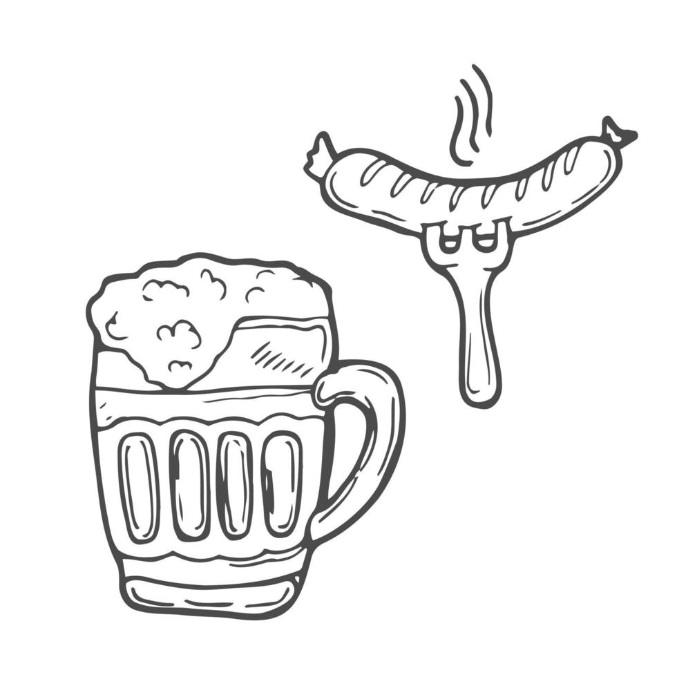 Doodle glass of beer. Hand drawn sketches of beer and sausage. Isolated vector illustration.