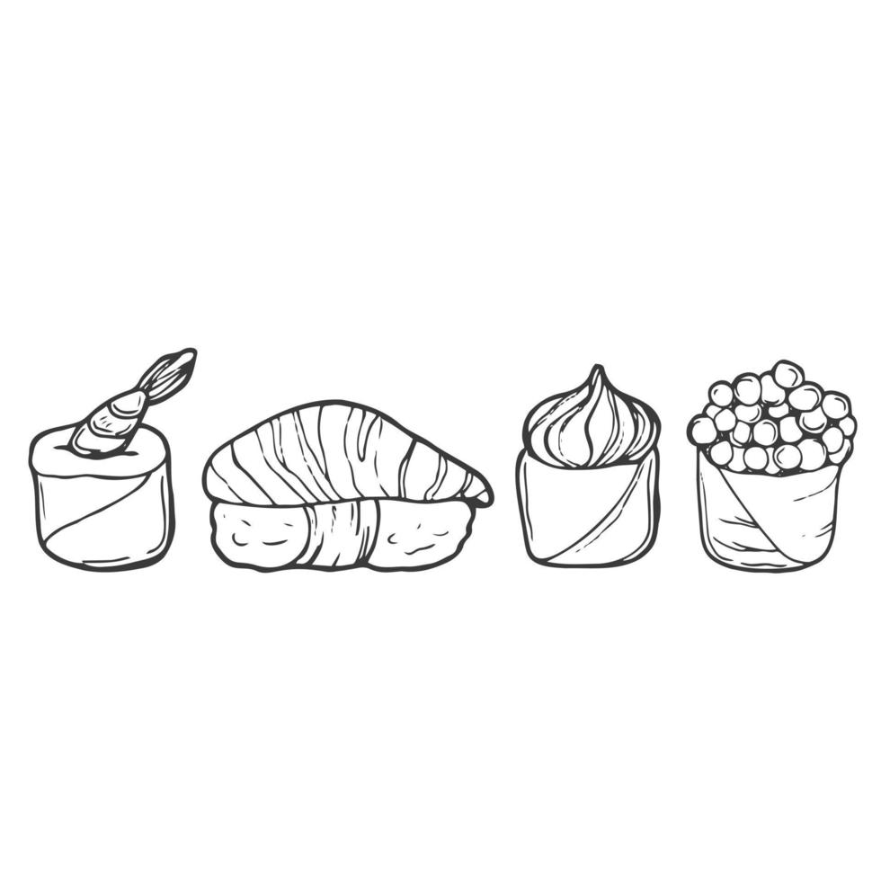 Hand drawn doodle set with sushi. Vector illustration for backgrounds, textile prints, menu, web and graphic design