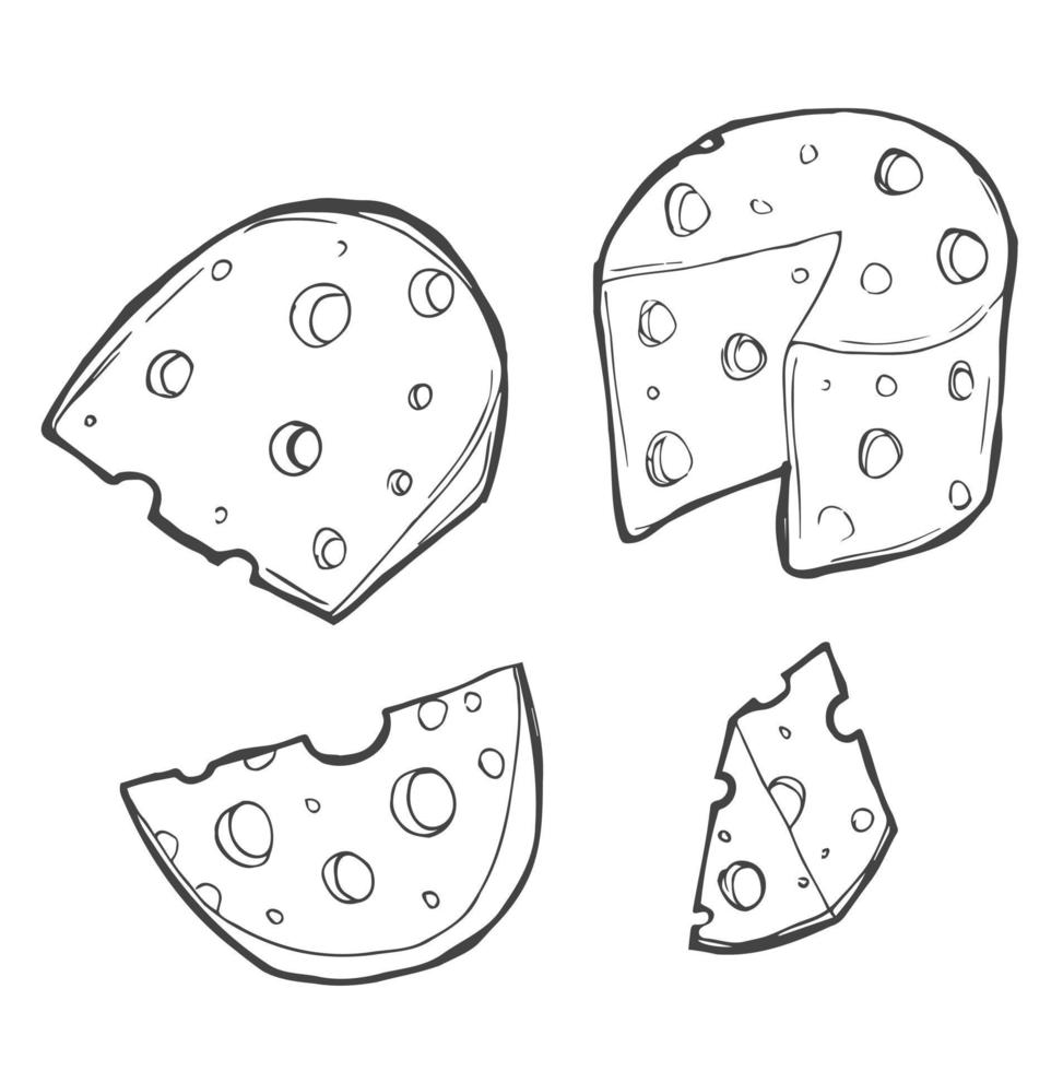 Vector set of cheese isolated on a white background. Hand drawn cheese outline vector illustration. Cheese sketch.