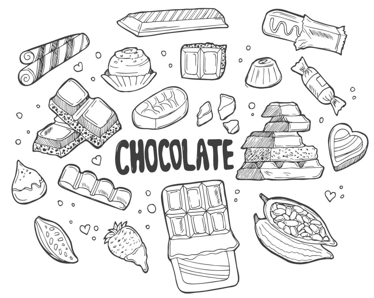 diferentes tipos de ilustraciones vectoriales de chocolate. barras de chocolate dibujadas, dulces, chips y porosos. vector