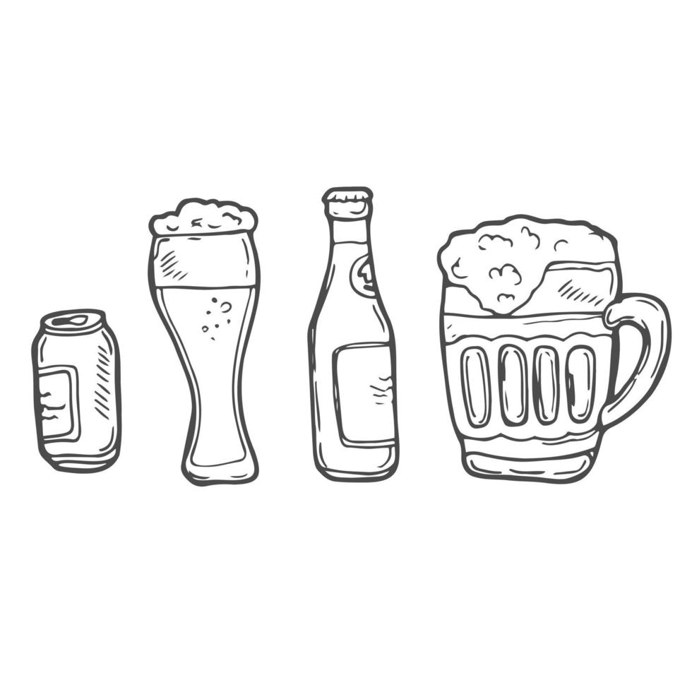 Set of beer glasses, mugs, ribbon, bottle, and hop. vector engraving illustration for web, poster, invitation to party. Hand drawn design element isolated on white background.