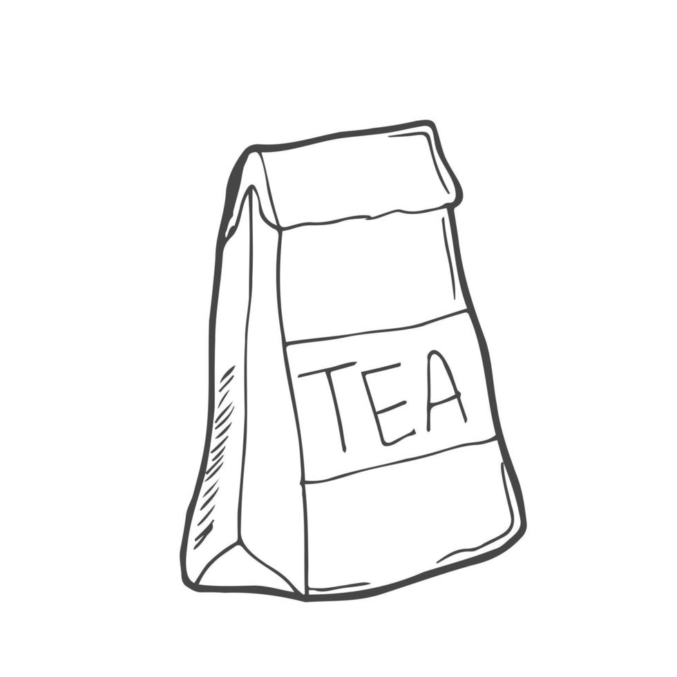 Craft Paper Bag with Tea. Element for the design of the kitchen of cafes and restaurants. Vector illustration isolated on a white background.