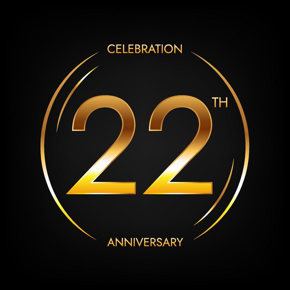 22th anniversary. Twenty-two years birthday celebration banner in bright golden color. Circular logo with elegant number design. vector