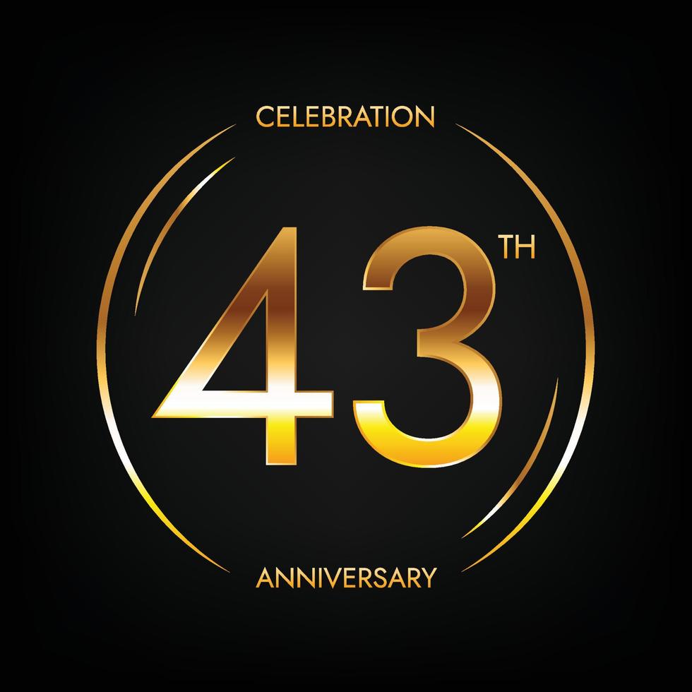 43th anniversary. Forty-three years birthday celebration banner in bright golden color. Circular logo with elegant number design. vector
