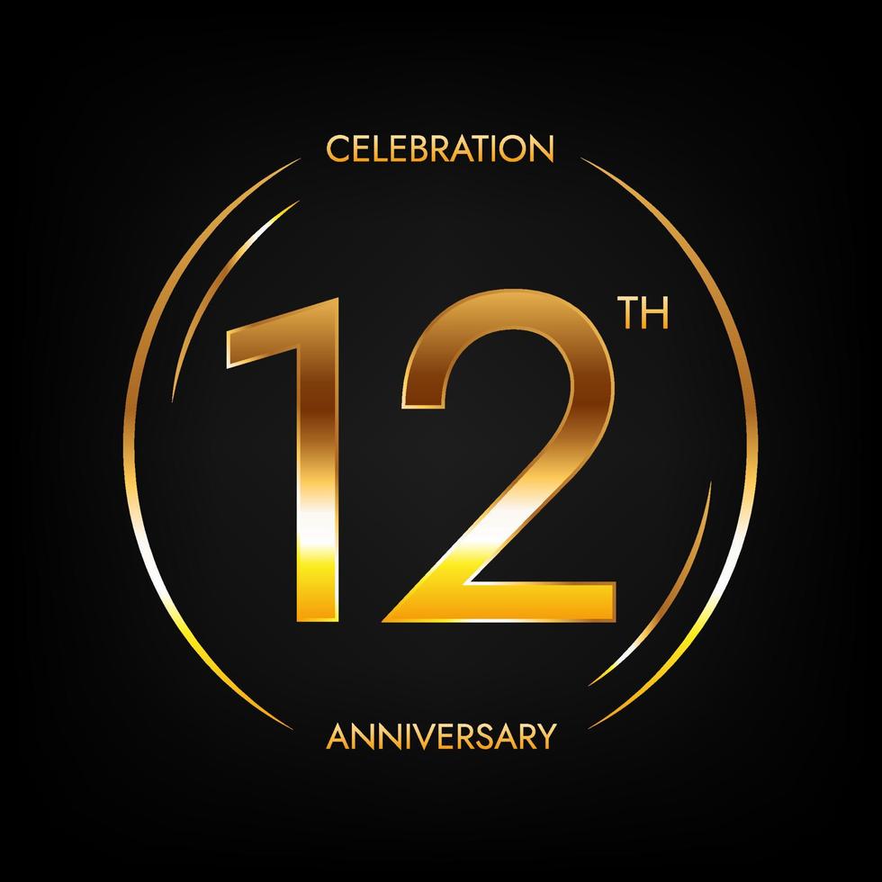 12th anniversary. Twelve years birthday celebration banner in bright golden color. Circular logo with elegant number design. vector