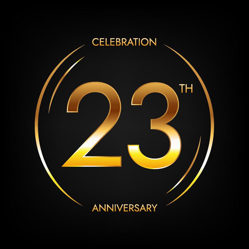 23th anniversary. Twenty-three years birthday celebration banner in bright golden color. Circular logo with elegant number design. vector