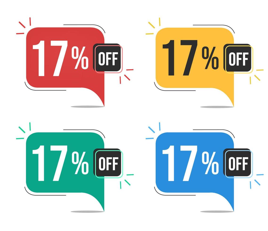 17 percent off. Red, yellow, green and blue tags with seventeen percent discount. Banner with four colorful balloons with special offers vector. vector