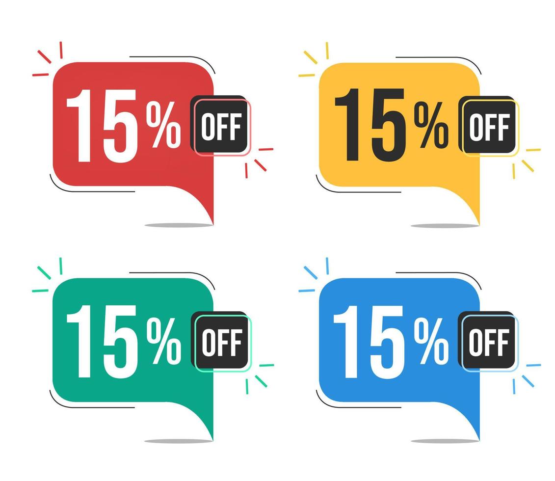 15 percent off. Red, yellow, green and blue tags with fifteen percent discount. Banner with four colorful balloons with special offers vector. vector