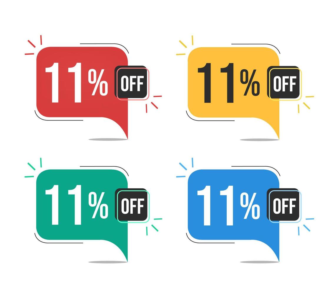 11 percent off. Red, yellow, green and blue tags with eleven percent discount. Banner with four colorful balloons with special offers vector. vector