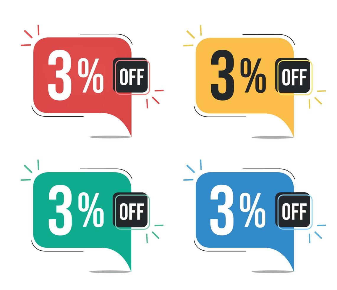 3 percent off. Red, yellow, green and blue tags with three percent discount. Banner with four colorful balloons with special offers vector. vector