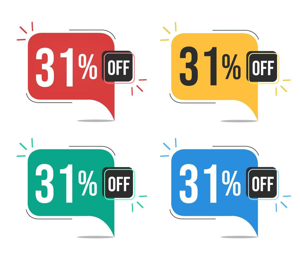 31 percent off. Red, yellow, green and blue tags with thirty-one percent discount. Banner with four colorful balloons with special offers vector. vector