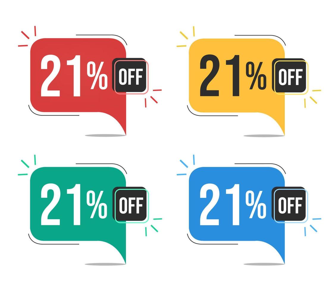 21 percent off. Red, yellow, green and blue tags with twenty-one percent discount. Banner with four colorful balloons with special offers vector. vector