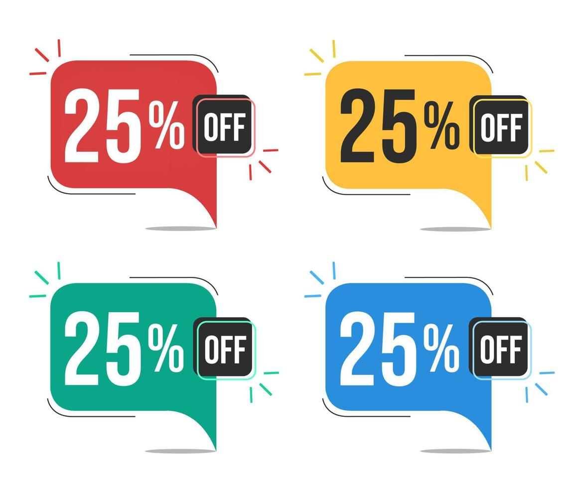 25 percent off. Red, yellow, green and blue tags with twenty-tfive percent discount. Banner with four colorful balloons with special offers vector. vector