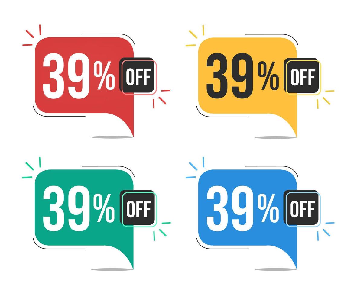 39 percent off. Red, yellow, green and blue tags with thirty-nine percent discount. Banner with four colorful balloons with special offers vector. vector