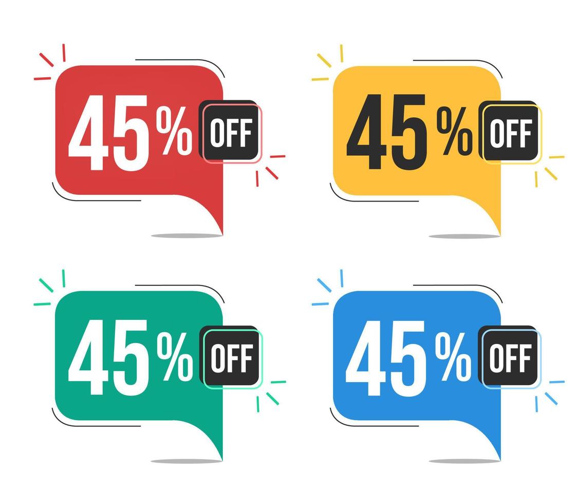 45 percent off. Red, yellow, green and blue tags with forty-five percent discount. Banner with four colorful balloons with special offers vector. vector