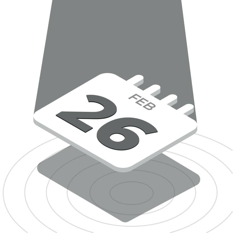 February 26 - Black and white 3D calendar floating with spotlight on white background vector