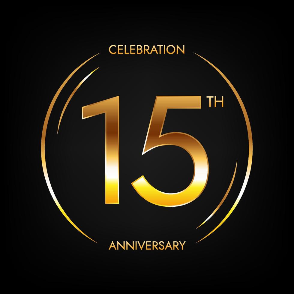 15th anniversary. Fifteen years birthday celebration banner in bright golden color. Circular logo with elegant number design. vector