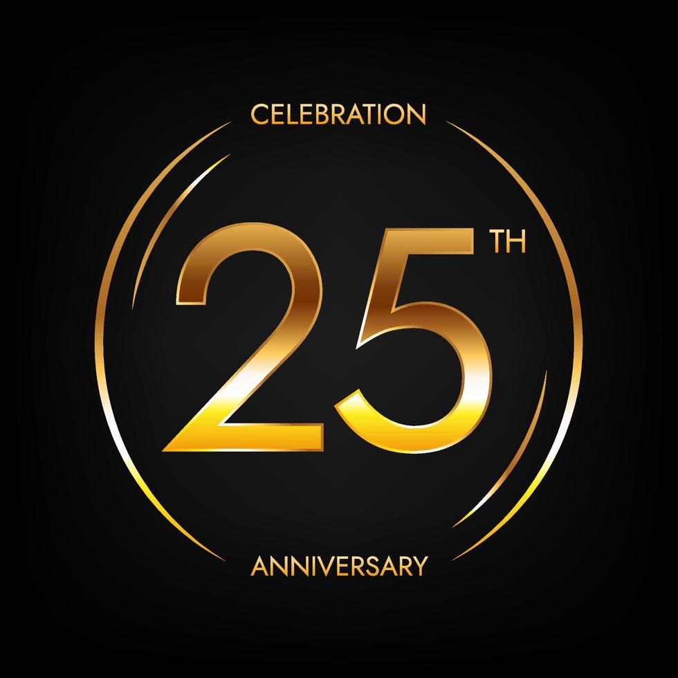 25th anniversary. Twenty-five years birthday celebration banner in bright golden color. Circular logo with elegant number design. vector