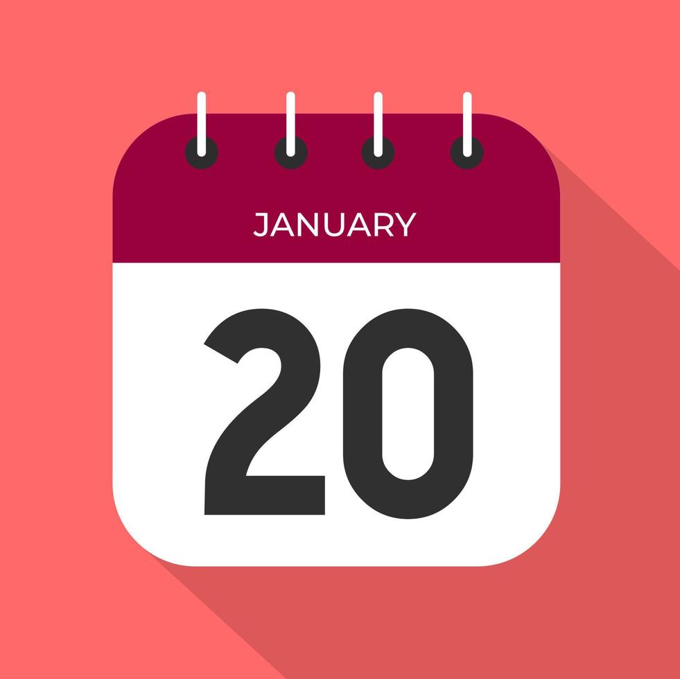 January day 20. Number twenty on a white paper with wine color border on pink background vector. vector