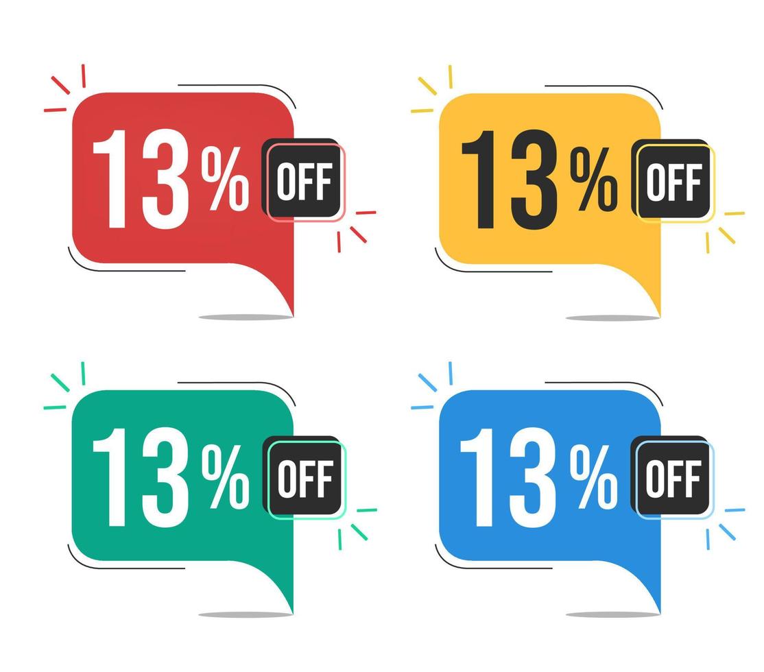 13 percent off. Red, yellow, green and blue tags with thirteen percent discount. Banner with four colorful balloons with special offers vector. vector