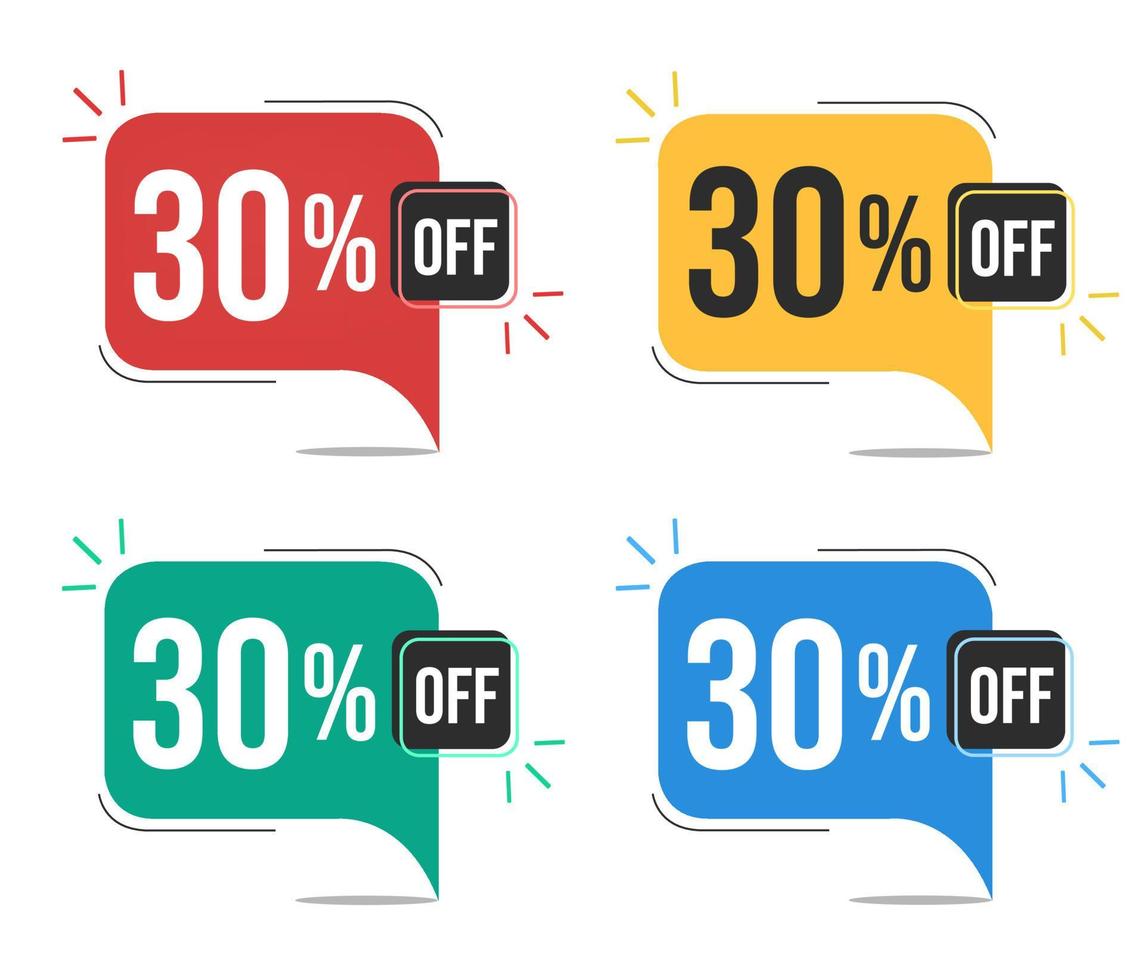 30 percent off. Red, yellow, green and blue tags with thirty percent discount. Banner with four colorful balloons with special offers vector. vector