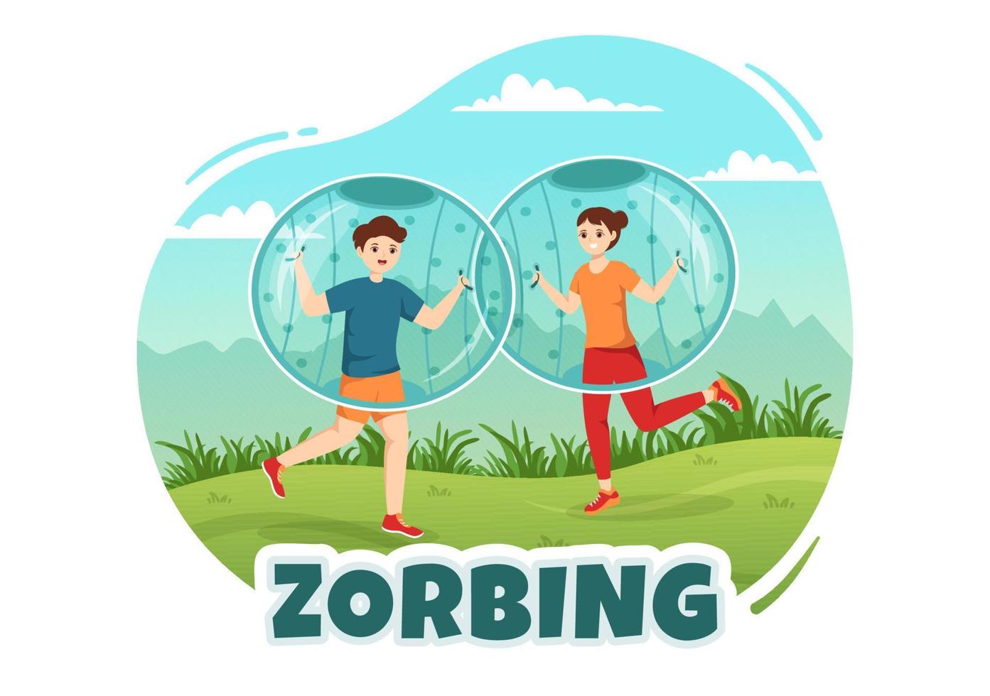 ilustración de zorbing con personas jugando burbujas en un campo verde o piscina para banner web o página de destino en plantillas planas dibujadas a mano de dibujos animados vector