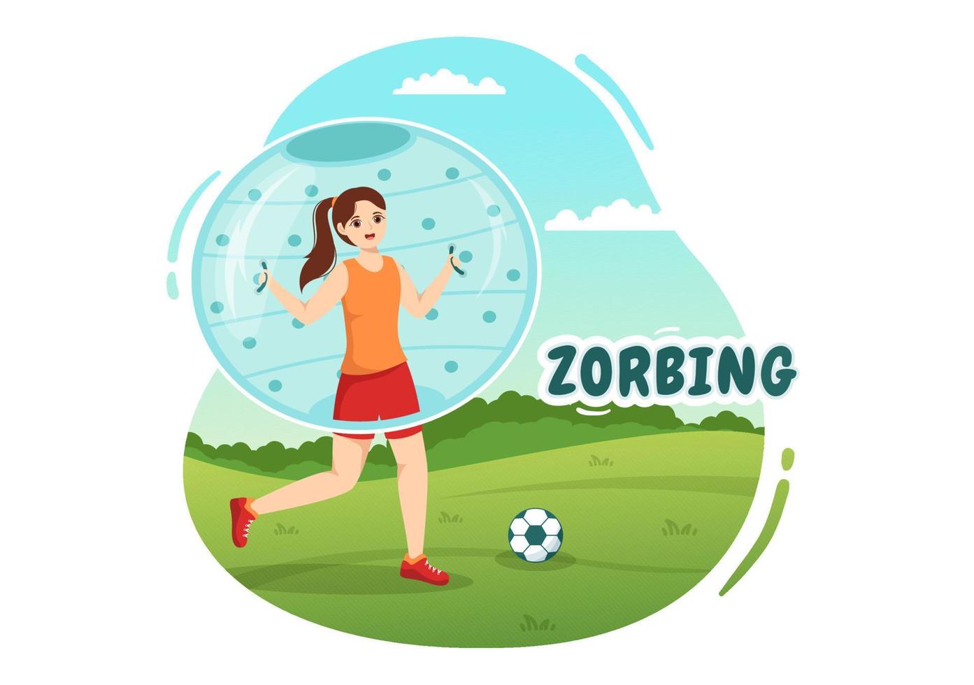 ilustración de zorbing con personas jugando burbujas en un campo verde o piscina para banner web o página de destino en plantillas planas dibujadas a mano de dibujos animados vector