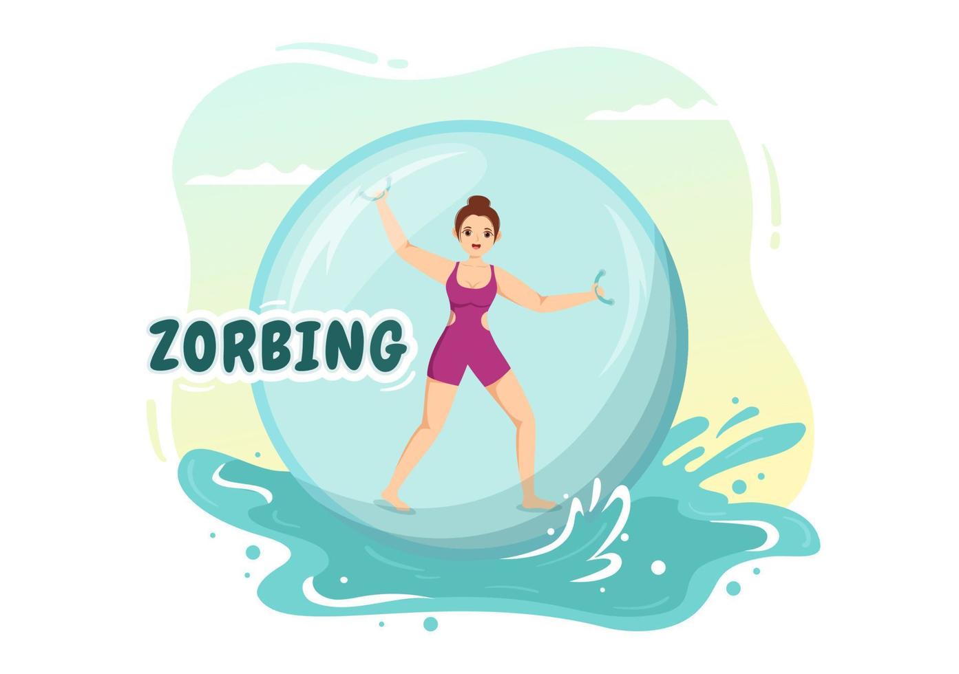 ilustración de zorbing con personas jugando burbujas en un campo verde o piscina para banner web o página de destino en plantillas planas dibujadas a mano de dibujos animados vector