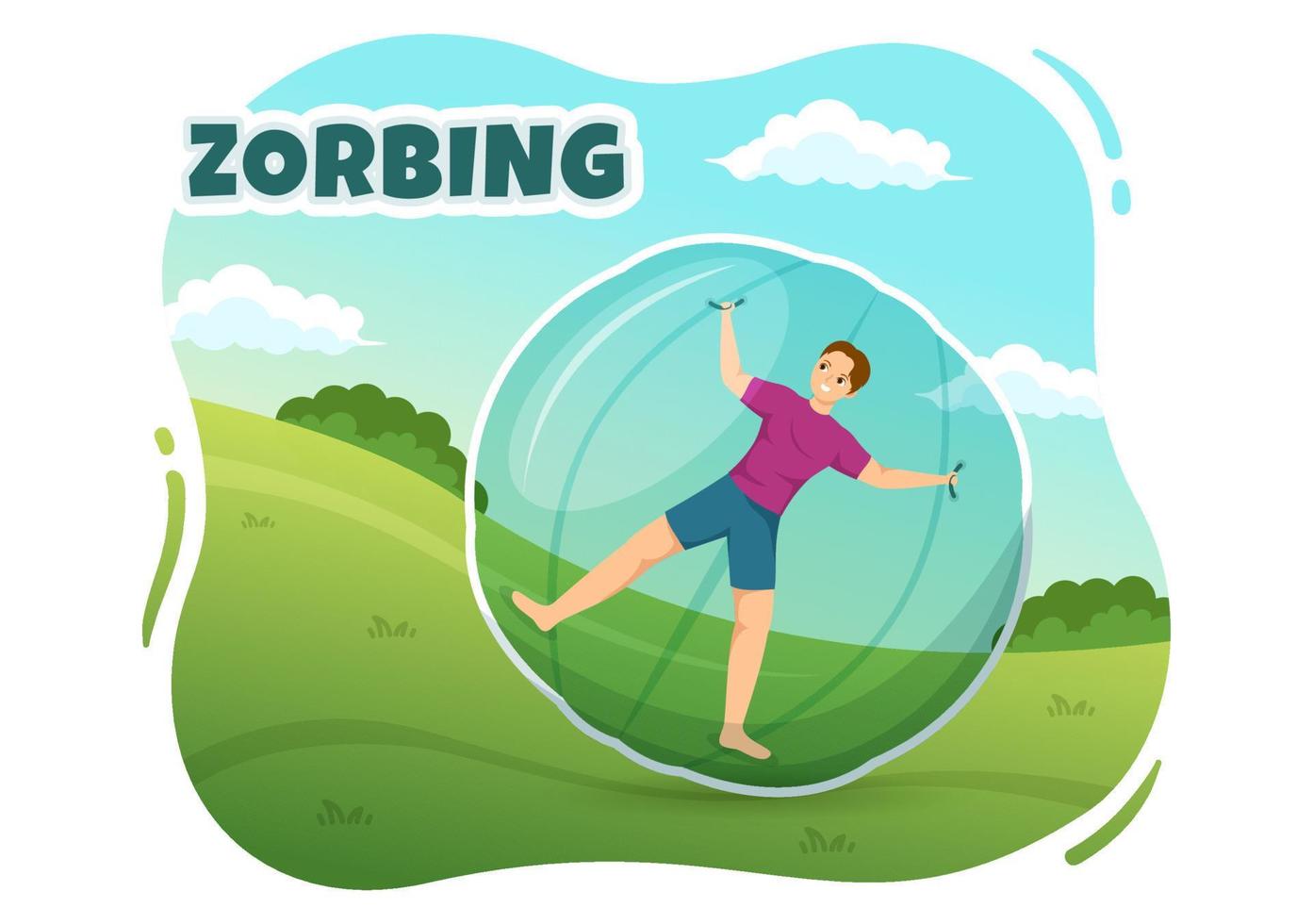 ilustración de zorbing con personas jugando burbujas en un campo verde o piscina para banner web o página de destino en plantillas planas dibujadas a mano de dibujos animados vector