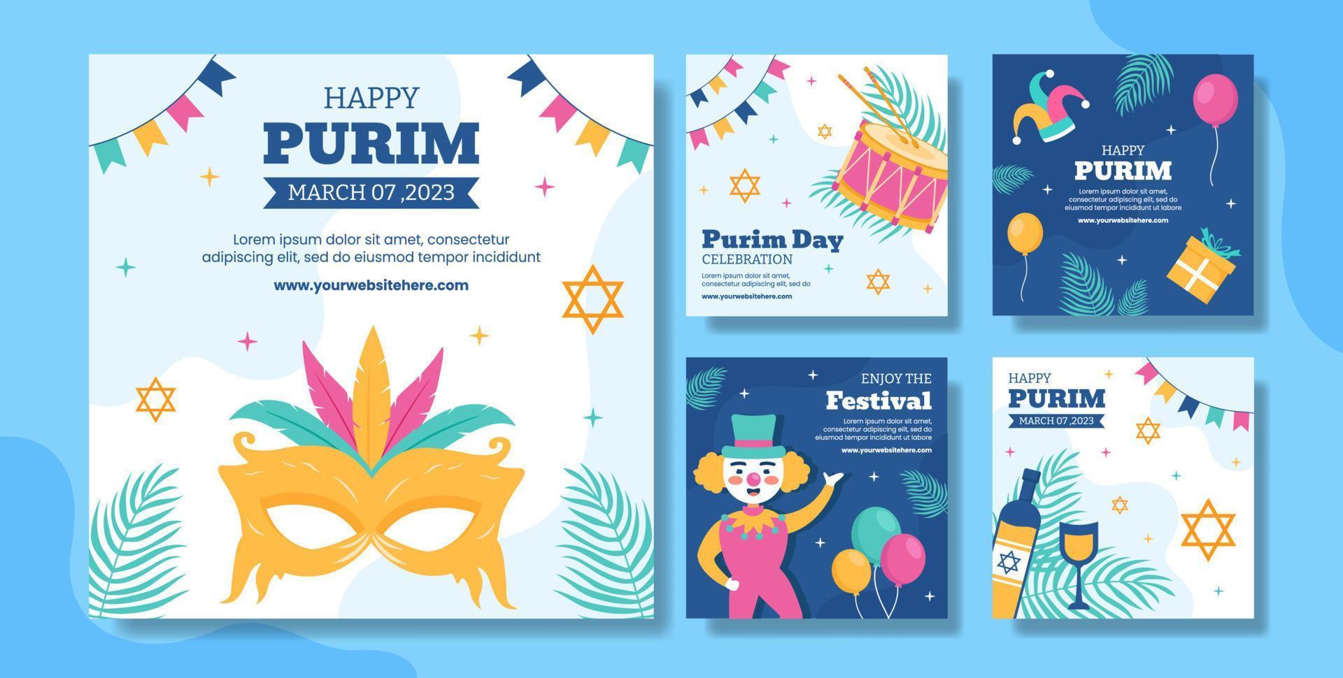 Happy Purim Day Social Media Post Flat Cartoon Hand Drawn Templates Illustration vector