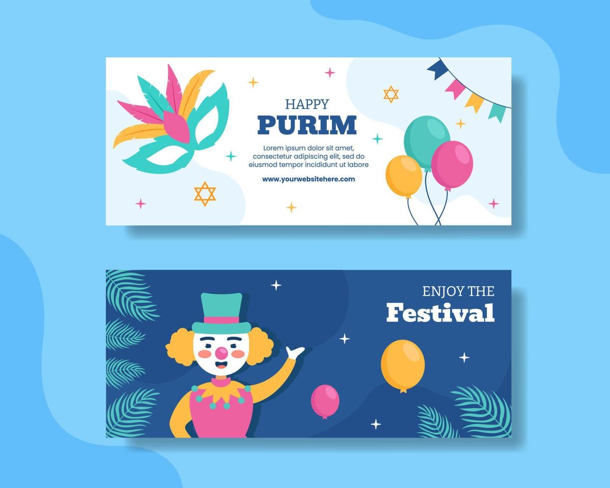 feliz día de purim banner horizontal dibujos animados planos plantillas dibujadas a mano ilustración vector